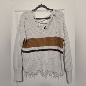 Rue21 Distressed V-Neck Striped Sweater in White, Brown & Black